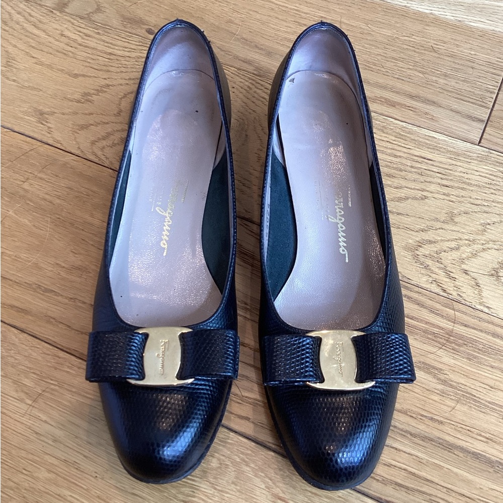 Salvatore Ferragamo Black Flats with Gold Buckle